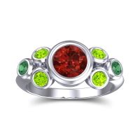 Garnet Ring In 14k White Gold With Peridot And Emerald Bindu Round Antique Ring