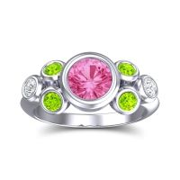 Pink Tourmaline Engagement Ring In 14k White Gold With Peridot And Diamond - Bindu Round Antique Ring