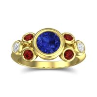 Lab Blue Sapphire Ring In 18k Yellow Gold With Garnet And Lab Diamond Bindu Round Antique Ring