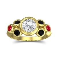 Lab Diamond Ring In 14k Yellow Gold With Black Onyx And Ruby Bindu Round Antique Ring