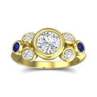 Diamond Ring In 18k Yellow Gold With Lab Diamond And Blue Sapphire Bindu Round Antique Ring