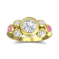Diamond Ring In 18k Yellow Gold With Lab Diamond And Pink Tourmaline Bindu Round Antique Ring