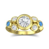 Diamond Ring In 14k Yellow Gold With Lab Diamond And Swiss Blue Topaz Bindu Round Antique Ring