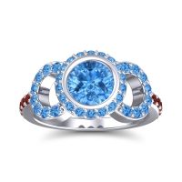 Swiss Blue Topaz Ring In 14k White Gold With Garnet Dharman Round Halo Ring