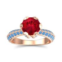 Lab Ruby Ring In 14K Rose Gold With Lab Diamond And Swiss Blue Topaz Rajazayya Round Antique Ring