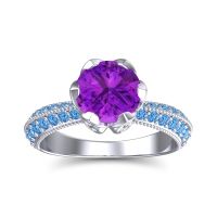 Amethyst Ring In Palladium With Diamond And Swiss Blue Topaz Rajazayya Round Antique Ring