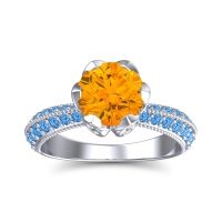 Citrine Ring In Palladium With Diamond And Swiss Blue Topaz Rajazayya Round Antique Ring