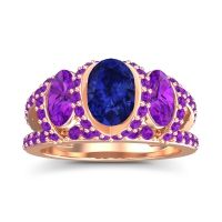 Lab Blue Sapphire Ring In 14K Rose Gold With Amethyst Vapra Oval Three-stone Ring