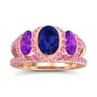 Lab Blue Sapphire Ring In 14K Rose Gold With Amethyst And Pink Tourmaline Vapra Oval Three-stone Ring