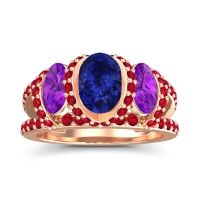 Lab Blue Sapphire Ring In 14K Rose Gold With Amethyst And Ruby Vapra Oval Three-stone Ring