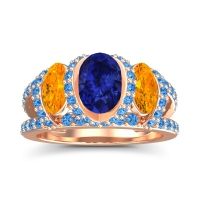 Lab Blue Sapphire Ring In 18K Rose Gold With Citrine And Swiss Blue Topaz Vapra Oval Three-stone Ring