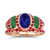 Lab Blue Sapphire Ring In 14K Rose Gold With Emerald And Ruby Vapra Oval Three-stone Ring