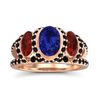 Lab Blue Sapphire Ring In 18K Rose Gold With Garnet And Black Onyx Vapra Oval Three-stone Ring