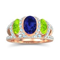 Lab Blue Sapphire Ring In 14K Rose Gold With Peridot And Aquamarine Vapra Oval Three-stone Ring