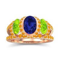 Lab Blue Sapphire Ring In 14K Rose Gold With Peridot And Citrine Vapra Oval Three-stone Ring