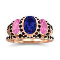 Lab Blue Sapphire Ring In 18K Rose Gold With Pink Tourmaline And Black Onyx Vapra Oval Three-stone Ring