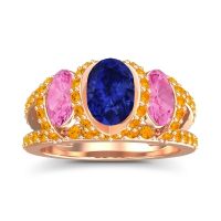 Lab Blue Sapphire Ring In 14K Rose Gold With Pink Tourmaline And Citrine Vapra Oval Three-stone Ring