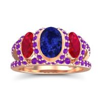Lab Blue Sapphire Ring In 14K Rose Gold With Ruby And Amethyst Vapra Oval Three-stone Ring