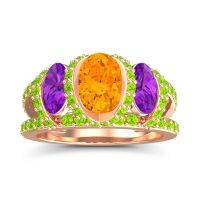 Citrine Ring In 14K Rose Gold With Amethyst And Peridot Vapra Oval Three-stone Ring