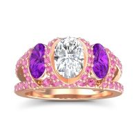 Diamond Ring In 14K Rose Gold With Amethyst And Pink Tourmaline Vapra Oval Three-stone Ring