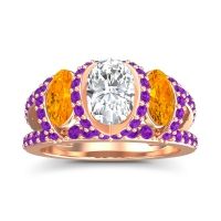 Diamond Ring In 18K Rose Gold With Citrine And Amethyst Vapra Oval Three-stone Ring