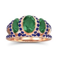 Emerald Ring In 14K Rose Gold With Blue Sapphire Vapra Oval Three-stone Ring