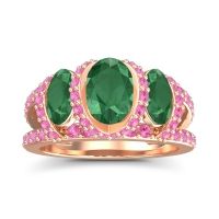 Emerald Ring In 14K Rose Gold With Pink Tourmaline Vapra Oval Three-stone Ring