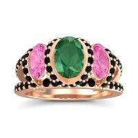 Emerald Ring In 14K Rose Gold With Pink Tourmaline And Black Onyx Vapra Oval Three-stone Ring
