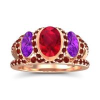Lab Ruby Ring In 18K Rose Gold With Amethyst And Garnet Vapra Oval Three-stone Ring