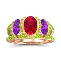 Lab Ruby Ring In 18K Rose Gold With Amethyst And Peridot Vapra Oval Three-stone Ring
