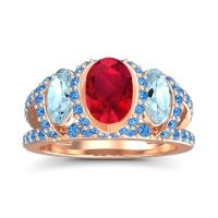 Lab Ruby Ring In 14K Rose Gold With Aquamarine And Swiss Blue Topaz Vapra Oval Three-stone Ring