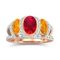 Ruby Ring In 18K Rose Gold With Citrine And Aquamarine Vapra Oval Three-stone Ring