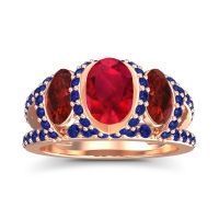 Ruby Ring In 14K Rose Gold With Garnet And Blue Sapphire Vapra Oval Three-stone Ring