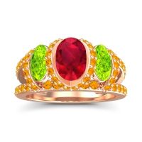 Ruby Ring In 18K Rose Gold With Peridot And Citrine Vapra Oval Three-stone Ring