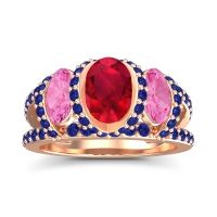 Ruby Ring In 14K Rose Gold With Pink Tourmaline And Blue Sapphire Vapra Oval Three-stone Ring