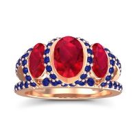 Ruby Ring In 14K Rose Gold With Blue Sapphire Vapra Oval Three-stone Ring