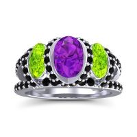 Amethyst Ring In 14k White Gold With Peridot And Black Onyx Vapra Oval Three-stone Ring