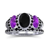 Black Onyx Ring In 14k White Gold With Amethyst Vapra Oval Three-stone Ring
