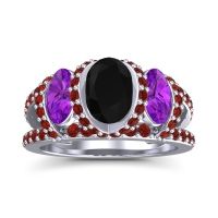 Black Onyx Ring In 14k White Gold With Amethyst And Garnet Vapra Oval Three-stone Ring