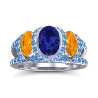 Lab Blue Sapphire Ring In Palladium With Citrine And Swiss Blue Topaz Vapra Oval Three-stone Ring