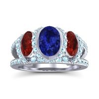 Lab Blue Sapphire Ring In 18k White Gold With Garnet And Aquamarine Vapra Oval Three-stone Ring