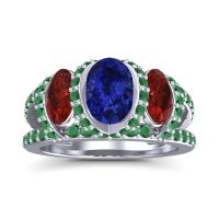 Blue Sapphire Ring In Palladium With Garnet And Emerald Vapra Oval Three-stone Ring