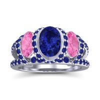 Lab Blue Sapphire Ring In 14k White Gold With Pink Tourmaline And Blue Sapphire Vapra Oval Three-stone Ring