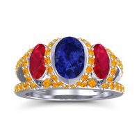Lab Blue Sapphire Ring In Palladium With Ruby And Citrine Vapra Oval Three-stone Ring
