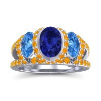 Lab Blue Sapphire Ring In Palladium With Swiss Blue Topaz And Citrine Vapra Oval Three-stone Ring