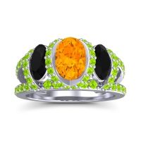 Citrine Ring In 14k White Gold With Black Onyx And Peridot Vapra Oval Three-stone Ring