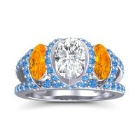 Diamond Ring In Palladium With Citrine And Swiss Blue Topaz Vapra Oval Three-stone Ring