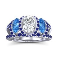 Diamond Ring In Palladium With Swiss Blue Topaz And Blue Sapphire Vapra Oval Three-stone Ring