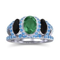 Emerald Ring In Palladium With Black Onyx And Swiss Blue Topaz Vapra Oval Three-stone Ring