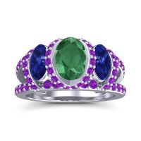 Lab Emerald Ring In Palladium With Blue Sapphire And Amethyst Vapra Oval Three-stone Ring